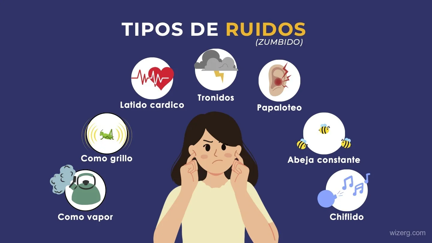 Diapositiva con los tipos de ruido del zumbido alrededor de una paciente ilustrada