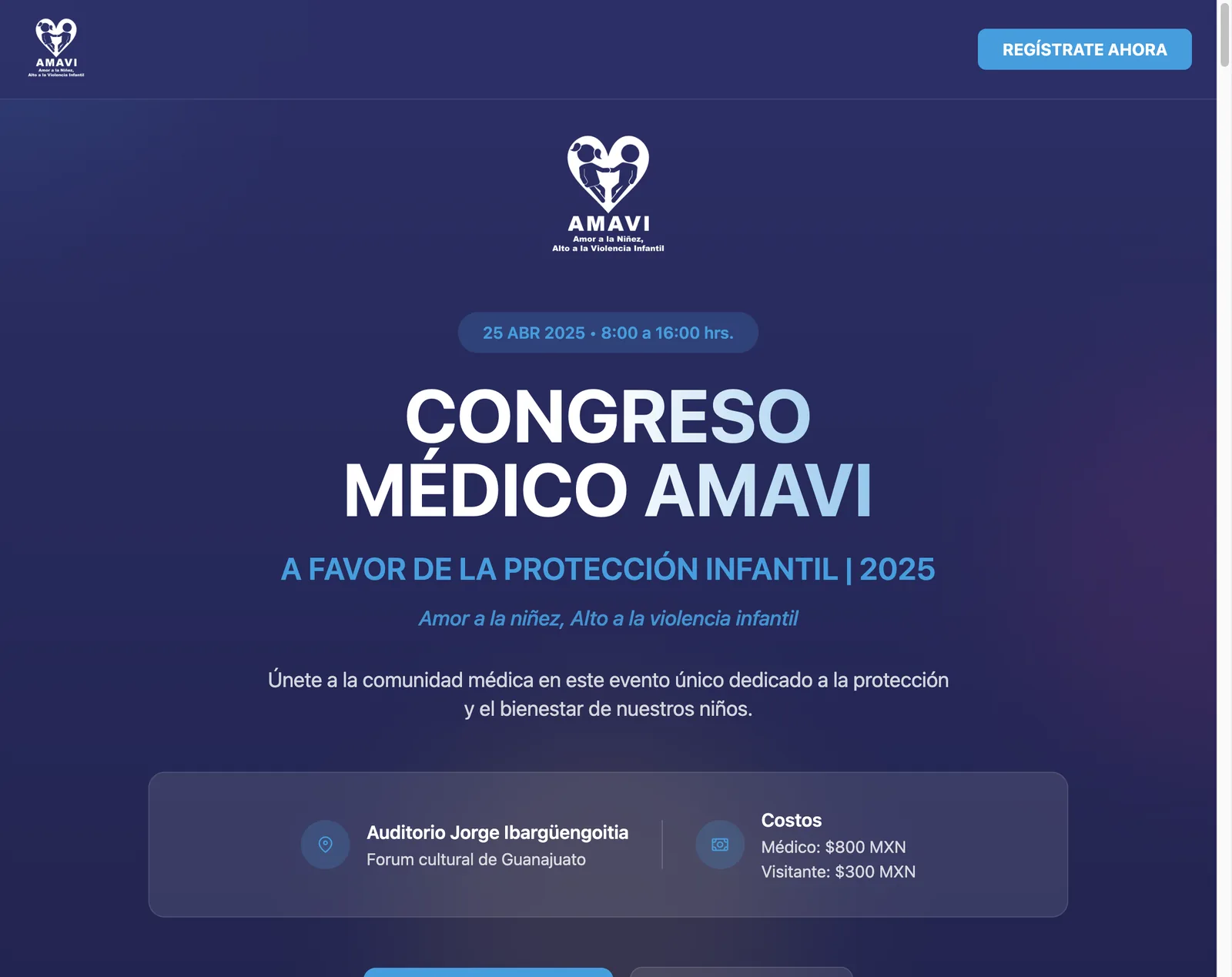 Portada del Congreso Médico AMAVI 2025 con la fecha, la sede y los costos de inscripción
