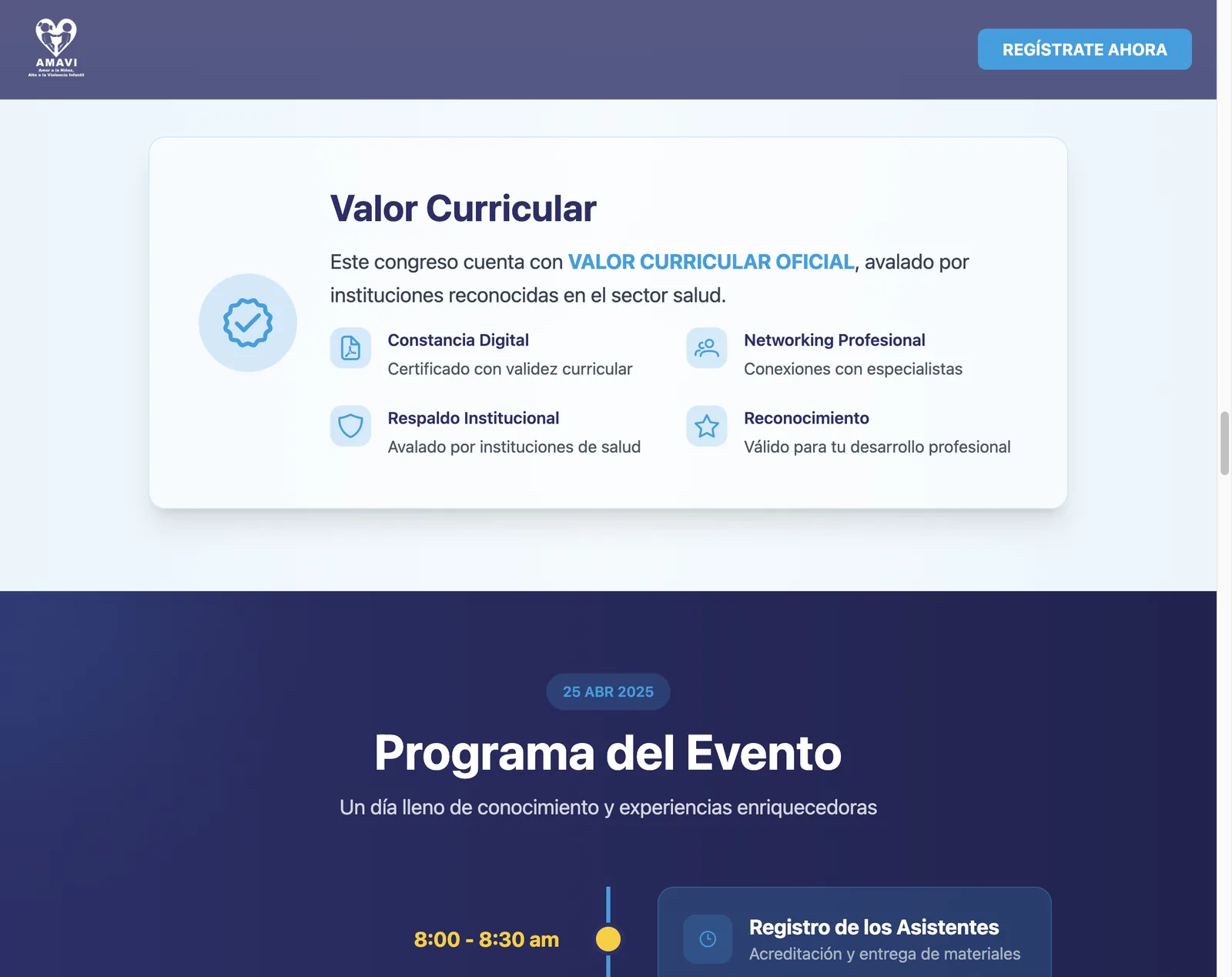 Recuadro de valor curricular sobre el programa del evento, que abre con el registro de los asistentes a las 8:00