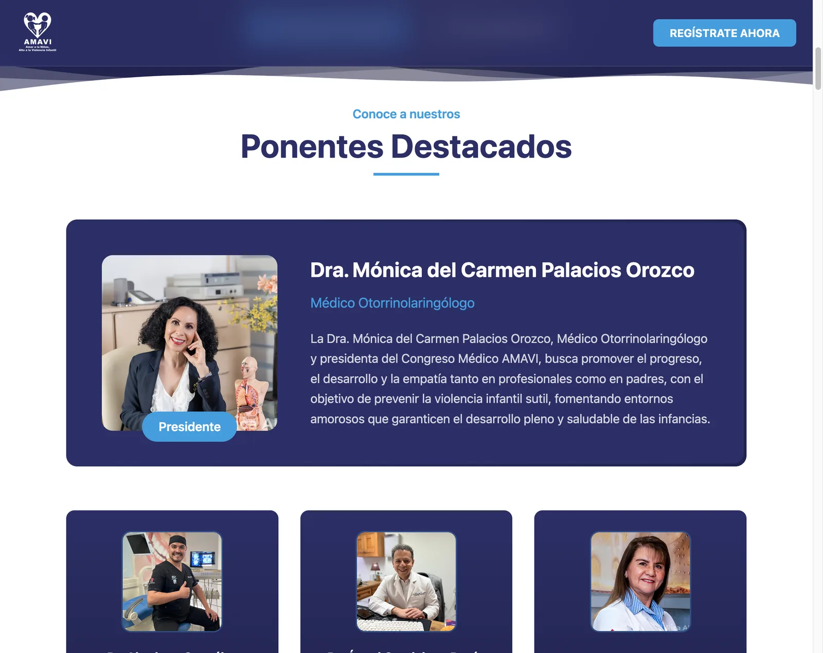 Perfil de la presidenta del congreso, médica otorrinolaringóloga, sobre las fotos de otros tres ponentes