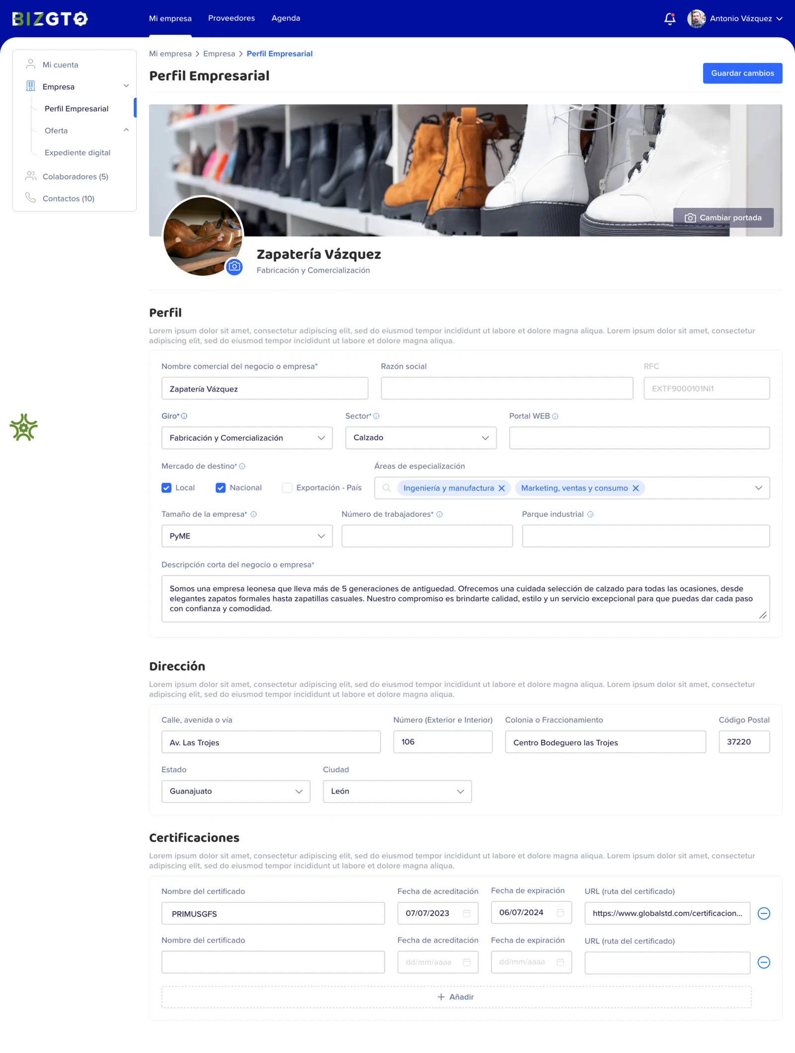 Perfil empresarial de una zapatería, con sus datos, su dirección y sus certificaciones
