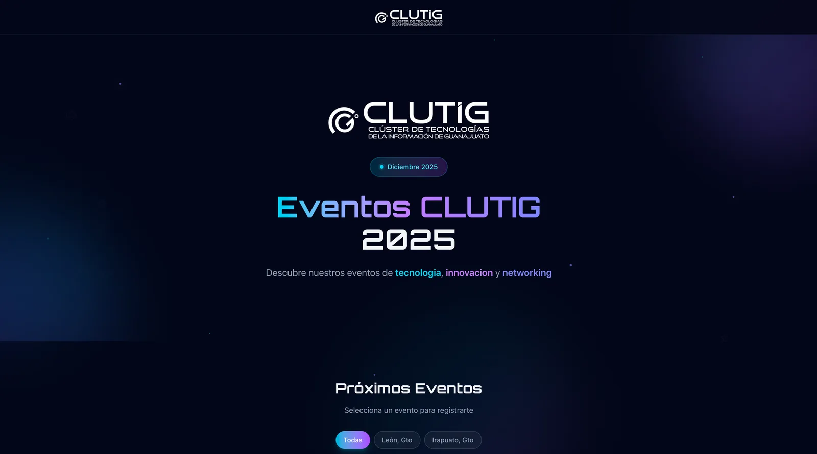 Portal Eventos CLUTIG 2025 con la lista de próximos eventos y los filtros por León e Irapuato