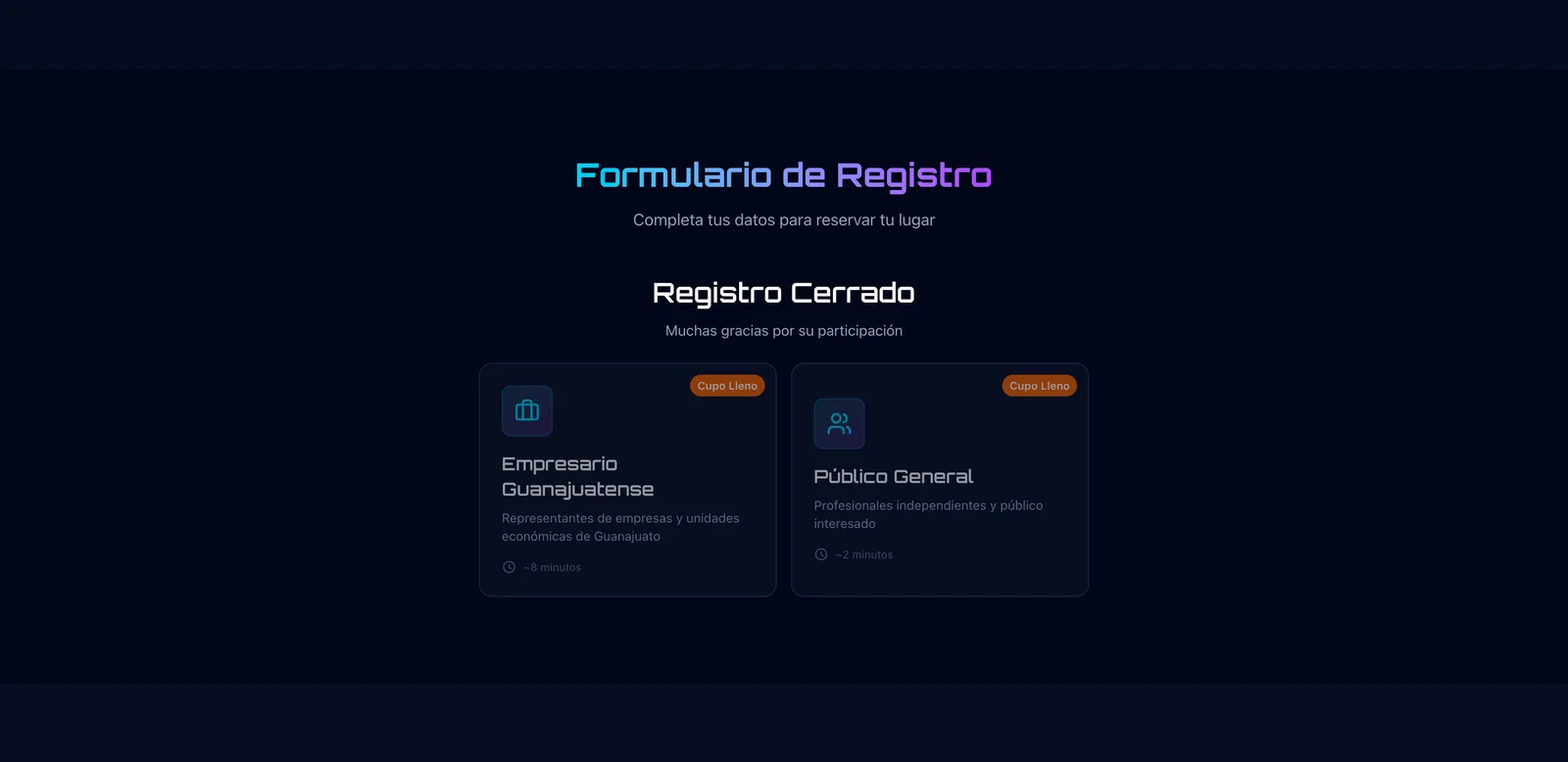 Registro cerrado del congreso, con los perfiles empresario guanajuatense y público general en cupo lleno