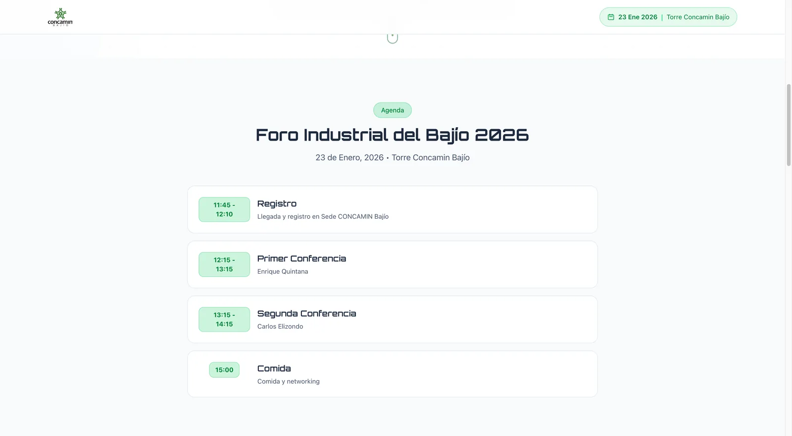 Agenda del Foro Industrial del Bajío 2026 con el registro, las dos conferencias y la comida