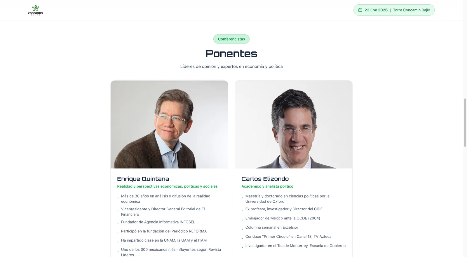 Fichas de Enrique Quintana y Carlos Elizondo, con su foto y su trayectoria