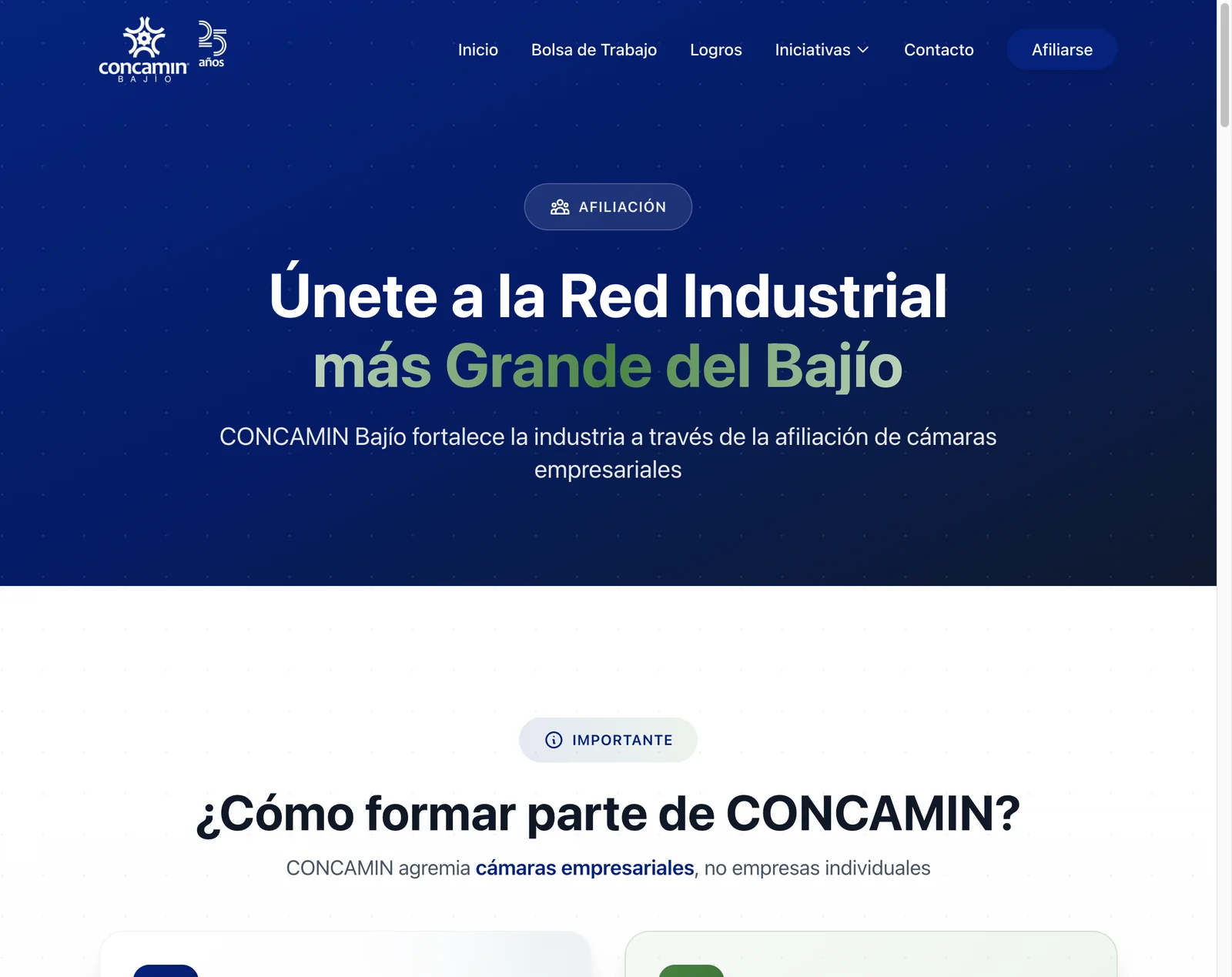 Página de afiliación, «Únete a la Red Industrial más Grande del Bajío»