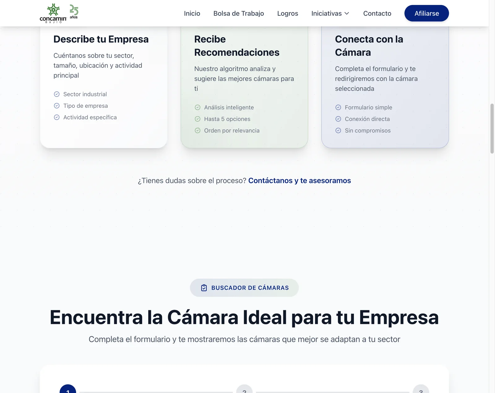 Los tres pasos del buscador y su título, «Encuentra la Cámara Ideal para tu Empresa»