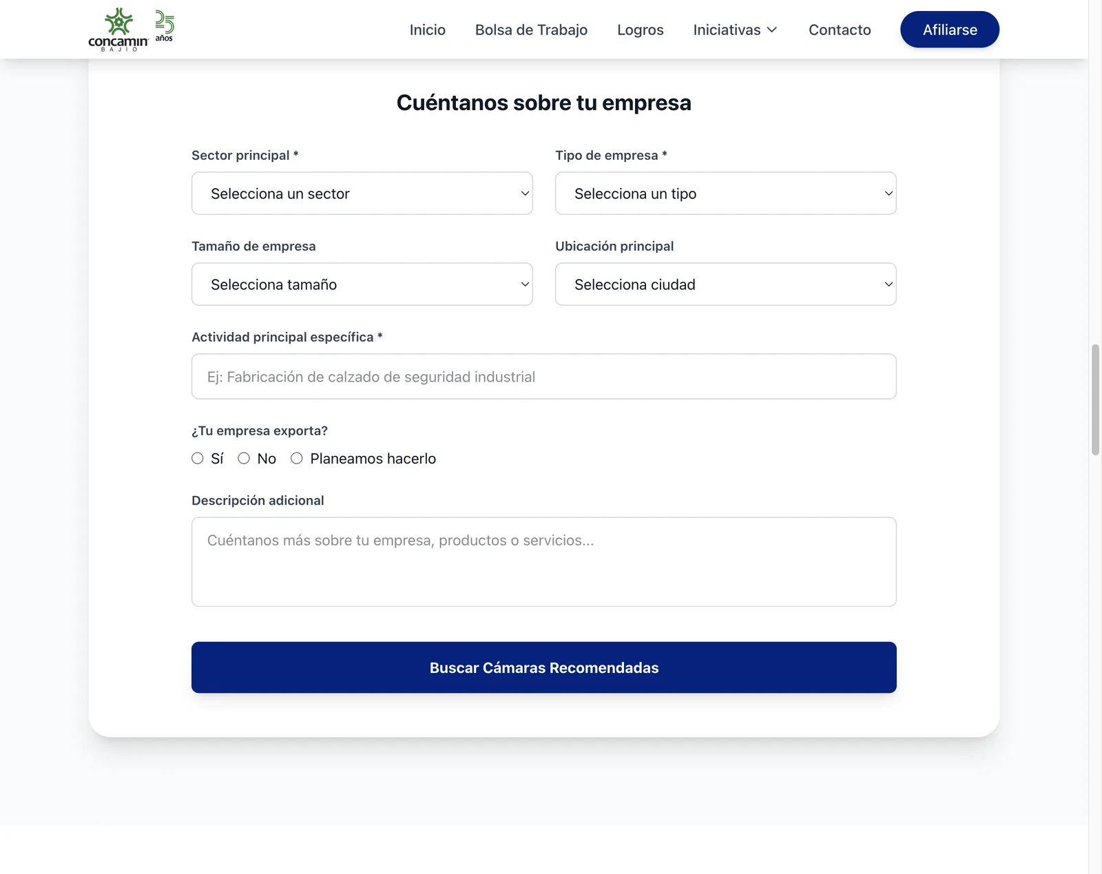 Formulario del buscador de cámaras, «Cuéntanos sobre tu empresa»
