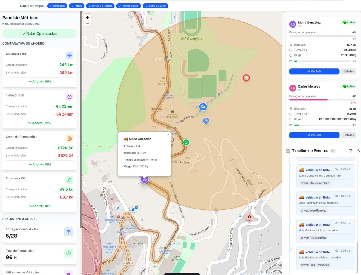 Tablero de entregas con el mapa de rutas en tiempo real