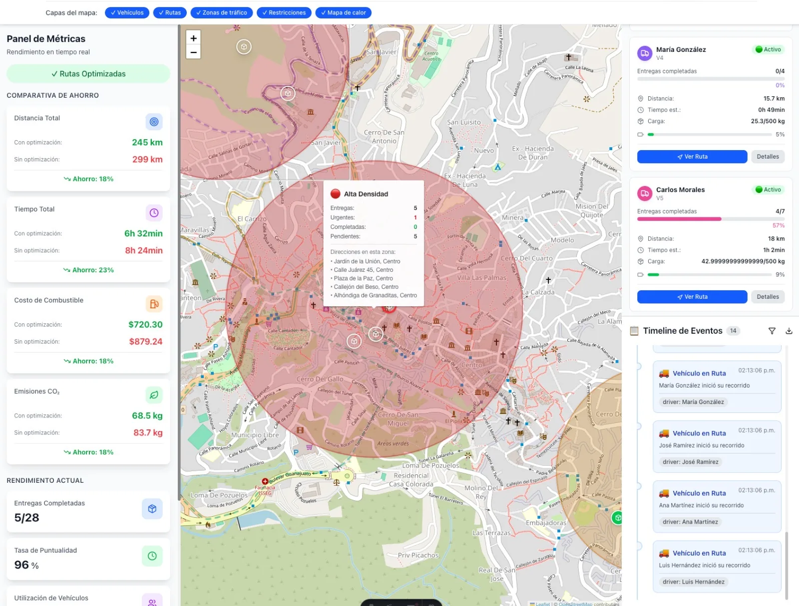 Zona de alta densidad en el mapa con el conteo de entregas y la lista de sus direcciones