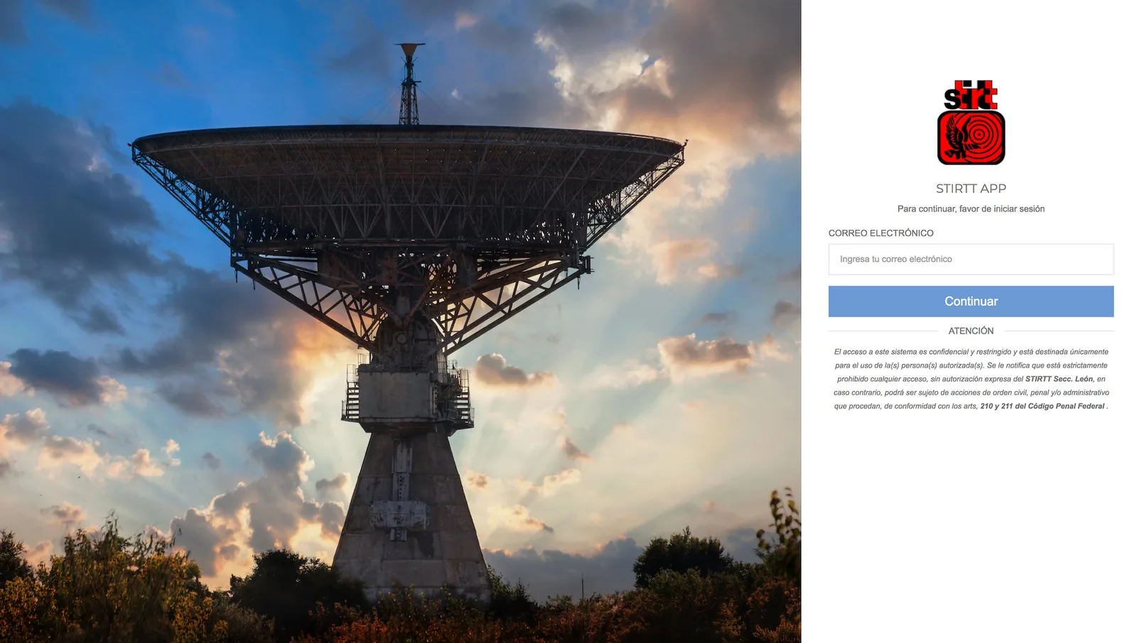 Inicio de sesión de STIRTT APP con la foto de una antena parabólica y el campo de correo electrónico