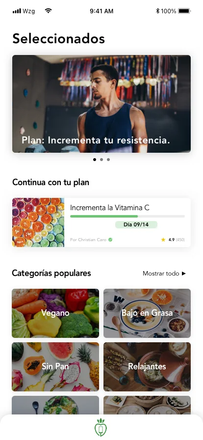 Inicio de la app con planes destacados, el plan en curso y categorías de comida