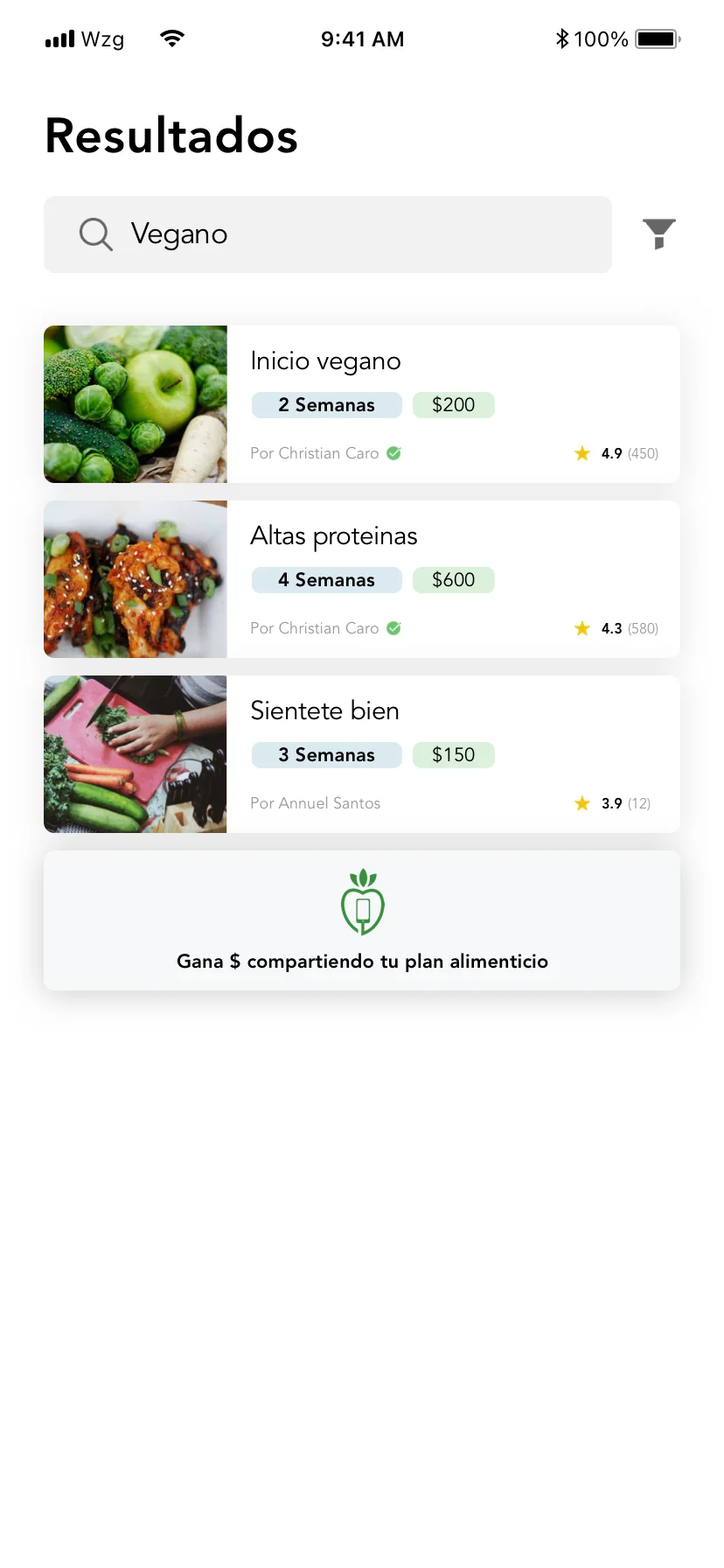 Resultados de una búsqueda de planes veganos