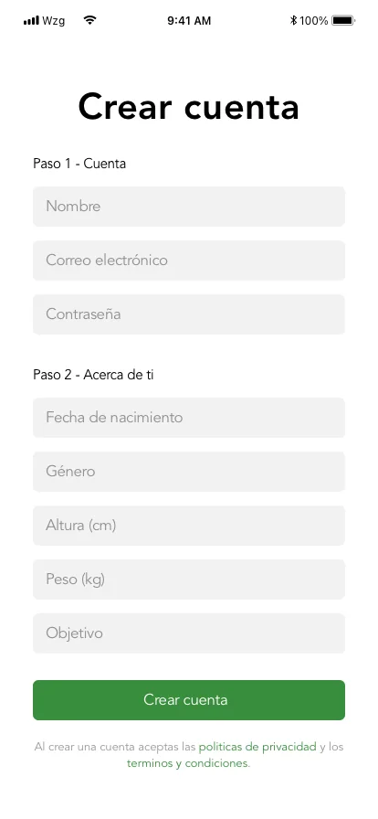Registro de TechFood en dos pasos: la cuenta y los datos de la persona