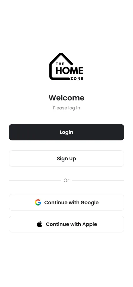 Pantalla de bienvenida de TheHomeZone con el inicio de sesión y el registro