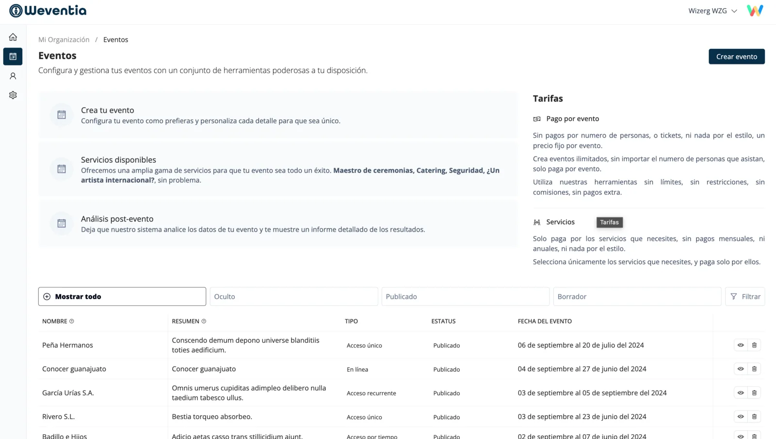 Lista de eventos de ejemplo en Weventia, con su tipo de acceso, estatus y fechas