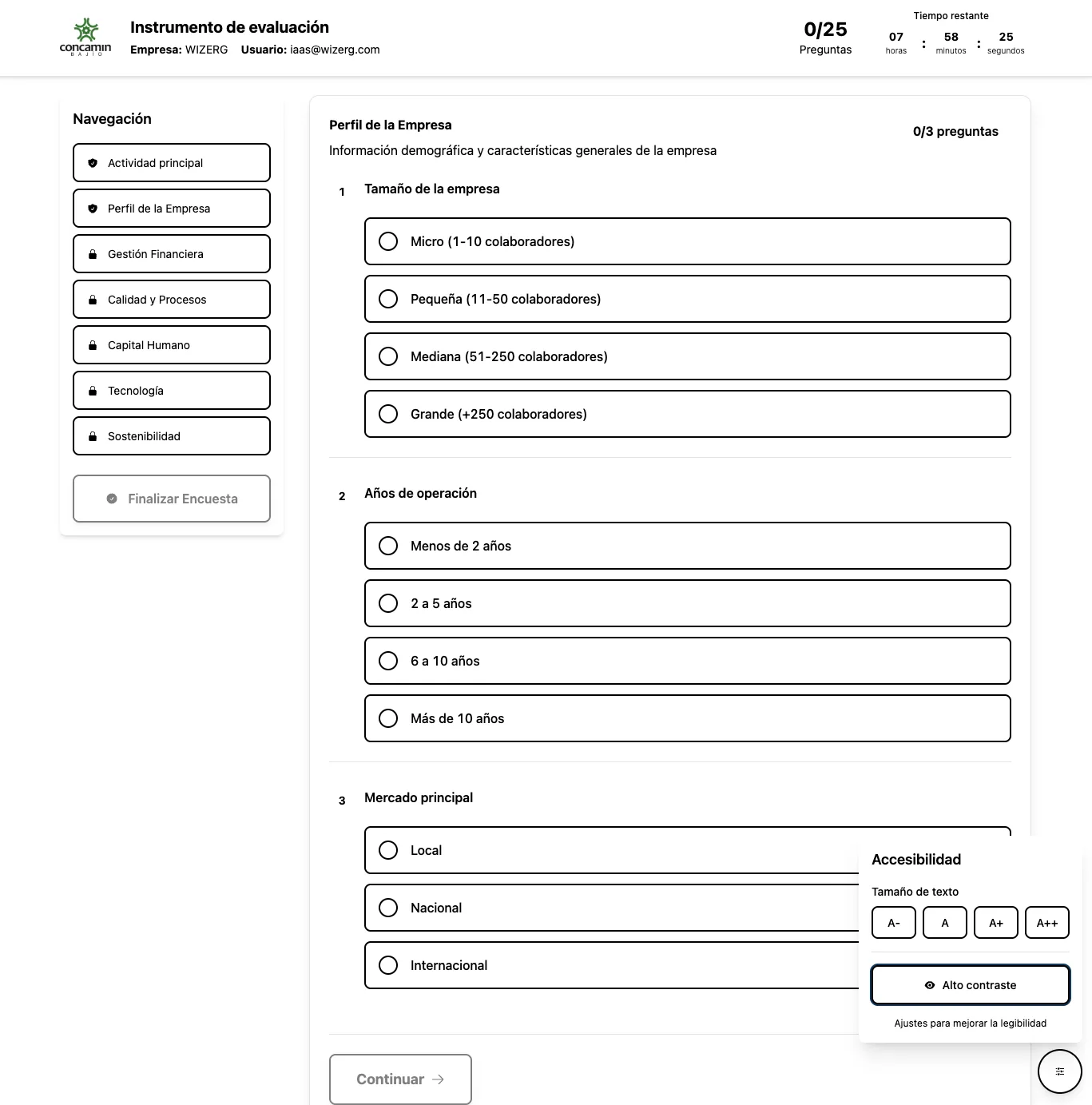 El cuestionario en alto contraste, con el panel de accesibilidad abierto