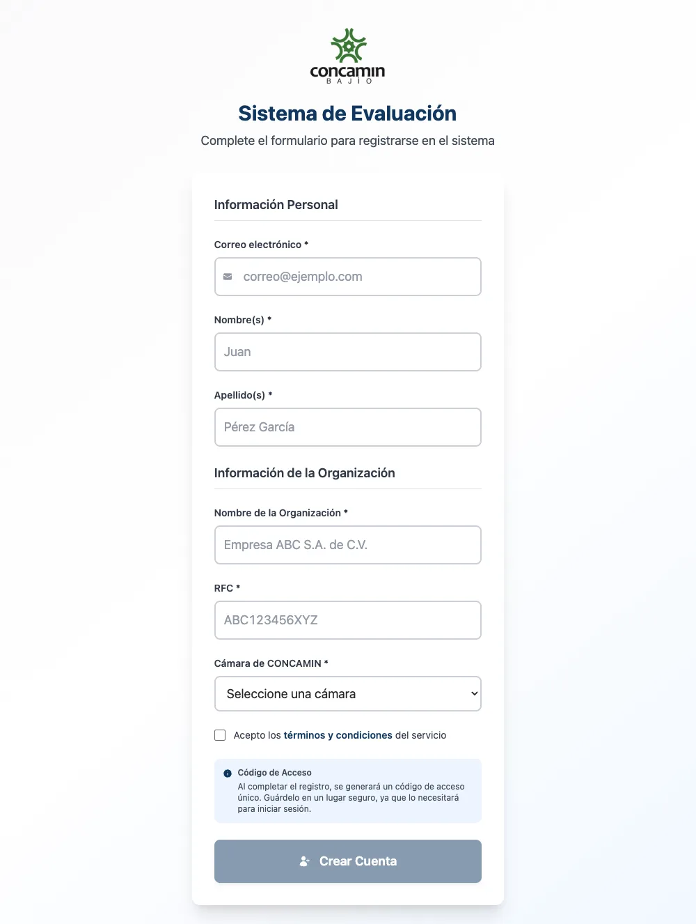 Formulario de registro con la información personal, la de la organización y la cámara de CONCAMIN