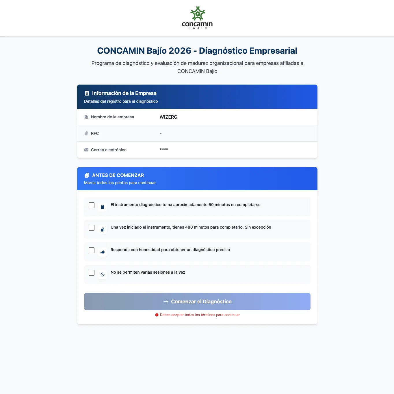 Portada del diagnóstico empresarial de CONCAMIN Bajío 2026, con los datos de la empresa
