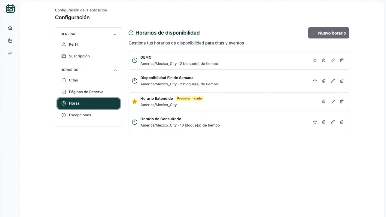 Horarios de disponibilidad con sus bloques de tiempo, con el horario extendido como predeterminado